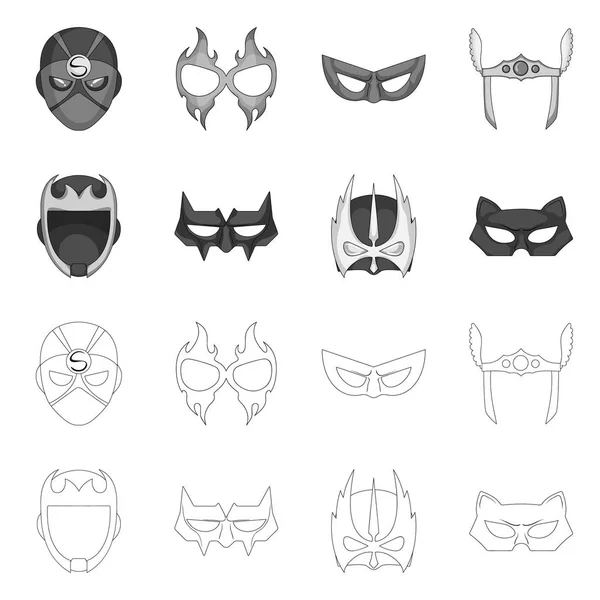 Elkülönített objektum hős és maszk szimbólum. Gyűjtemény a hős és a szuperhős vektor ikon készletek. — Stock Vector