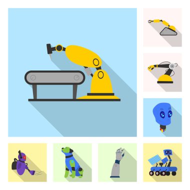 Robot ve fabrika sembolü yalıtılmış nesne. Robot ve uzay hisse senedi vektör çizim topluluğu.