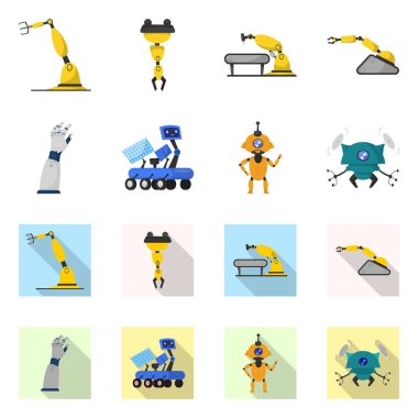 Robot ve fabrika simge vektör tasarımı. Hisse senedi için robot ve uzay vektör simge kümesi.