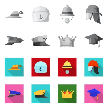 Şapkalar ve kap simge vektör tasarımı. Şapkalar ve hisse senedi için aksesuar vektör ikon koleksiyonu.