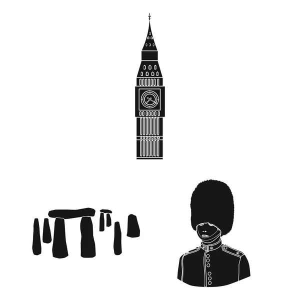 İngiltere'de ülke siyah set koleksiyonu tasarım için simgeler. Sembol stok web illüstrasyon vektör seyahat ve konumlar. — Stok Vektör