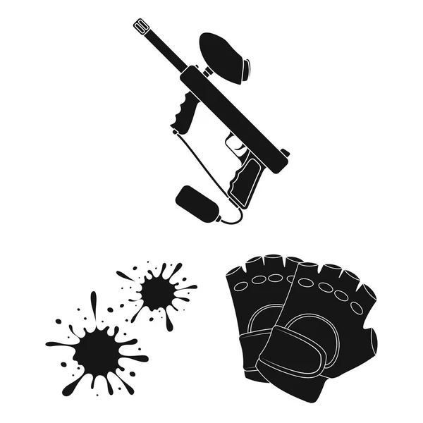 Пейнтбол, черные иконки командной игры в коллекции для дизайна. Иллюстрация векторных символов оборудования и снаряжения . — стоковый вектор