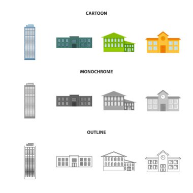 Gökdelen, polis, otel, okul. Binada toplama simgeler çizgi film, anahat, tek renkli stil vektör simge stok çizim web.