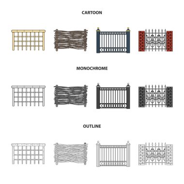 Metal ve tuğla, ahşap çit çit. Farklı bir çit koleksiyonu Icons set çizgi film, anahat, tek renkli stil vektör simge stok çizim web.