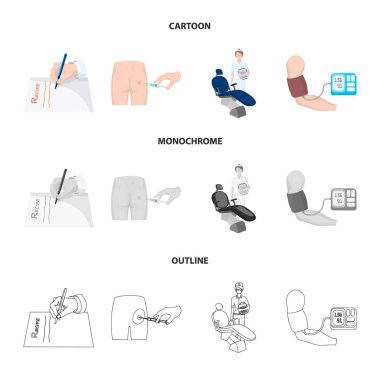 Kas içi enjeksiyon reçete, diş hekimi, kan basıncı ölçüm. Medicineset toplama simgeler karikatür, anahat, tek renkli stil vektör simge stok çizim web.