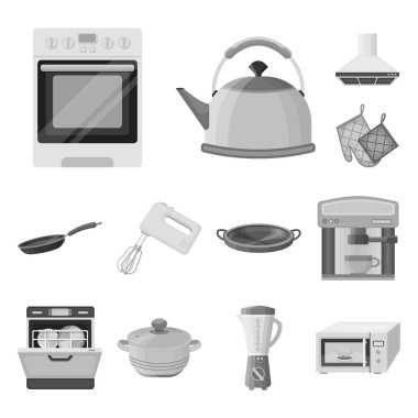 Mutfak ekipmanları set koleksiyonu tasarım için tek renkli simgeler. Sembol stok web illüstrasyon vektör mutfak ve aksesuarları.