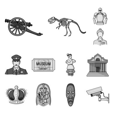 Müze ve Galeri tek renkli simgeler set koleksiyonu tasarım için. Depolama ve serginin görülmeye değer parça sembol stok web illüstrasyon vektör.