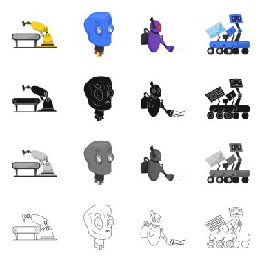 Robot ve fabrika simgesi yalıtılmış nesne. Robot ve uzay hisse senedi vektör çizim topluluğu.