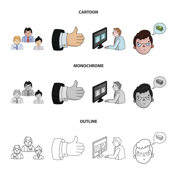 Videokonferens, business tankar, ett märke av okay.Bizneskonferentsiya och förhandlingar som samling ikoner i tecknad, skissera, svartvit stil vektor symbol stock illustration web. — Stock vektor