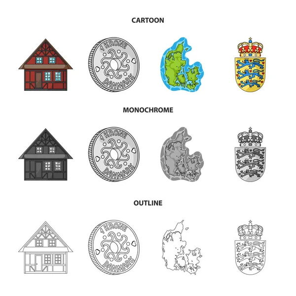 Casa, residencial, estilo, y otro icono de la web en dibujos animados, contorno, estilo monocromo. País, Dinamarca, mar, iconos en la colección de conjuntos . — Vector de stock