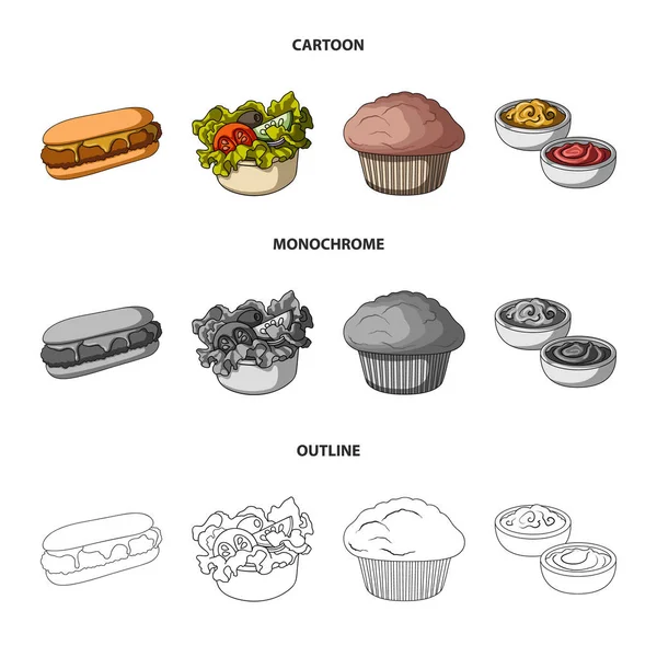 Essen, Erholung, Erfrischungen und andere Web-Symbole in Cartoon, Umriss, monochromen Stil. Kuchen, Keks, Sahne, Symbole in Set-Sammlung. — Stockvektor