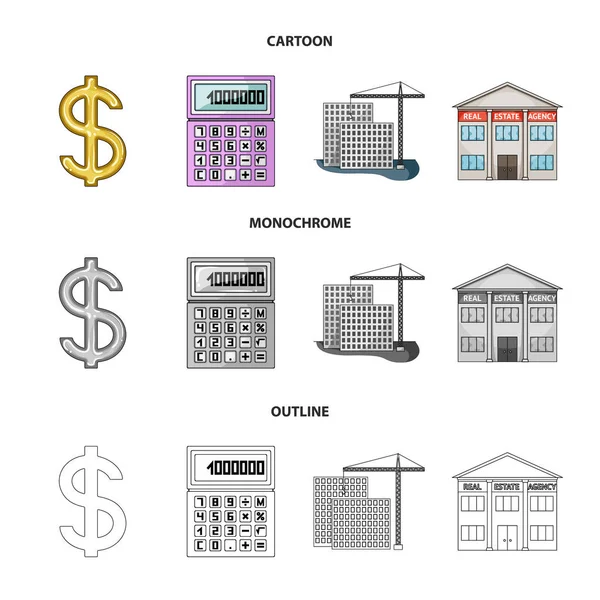 Hesap makinesi, dolar işareti, yeni bina, Emlak Ofisleri. Emlakçı koleksiyonu Icons set çizgi film, anahat, tek renkli stil vektör simge stok çizim web.