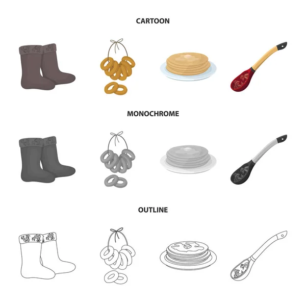 毛毡, 靴子, 烘干, 姜饼。俄罗斯国家集合图标在卡通, 轮廓, 单色风格矢量符号股票插画网站. — 图库矢量图片