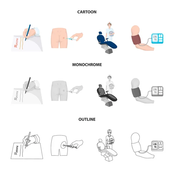 Injeção intramuscular, prescrição, Dentista, medida da pressão arterial. Ícones de coleção Medicineset em desenhos animados, esboço, estilo monocromático símbolo vetorial estoque ilustração web . — Vetor de Stock