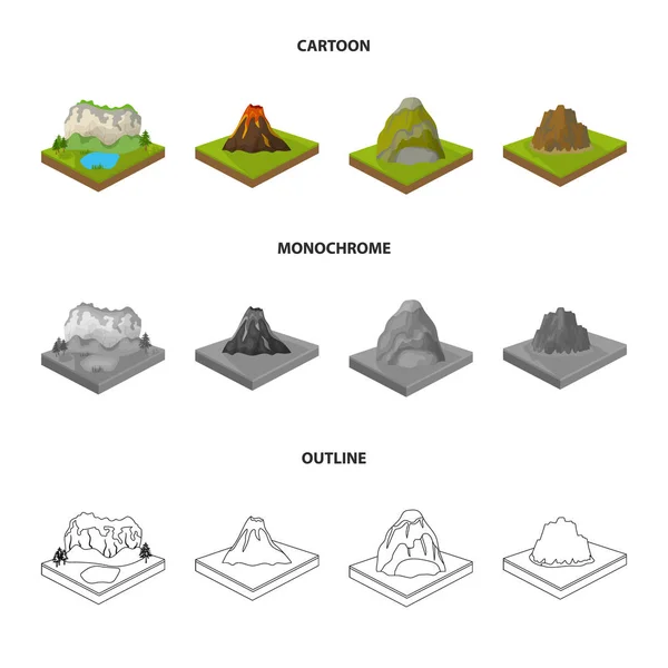 Berge, Felsen und Landschaft. Relief und Berge setzen Sammlungssymbole in Cartoon, Umriss, monochromen Stil isometrisches Vektorsymbol Stock Illustration Web. — Stockvektor