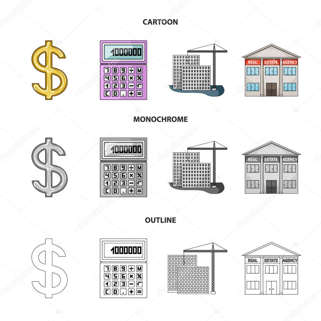 Calculator, dollar sign, new building, real estate offices. Realtor set collection icons in cartoon,outline,monochrome style vector symbol stock illustration web.