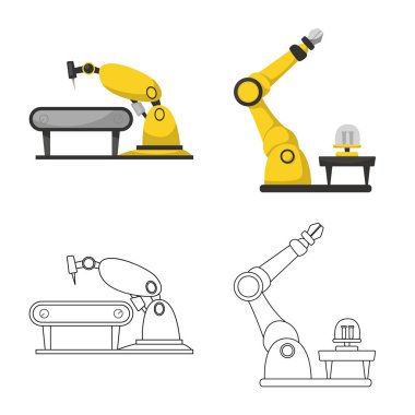 Robot ve fabrika sembolü yalıtılmış nesne. Robot ve uzay hisse senedi vektör çizim seti.