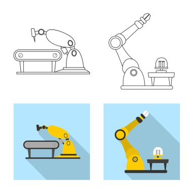 Robot ve fabrika logosu yalıtılmış nesne. Web için robot ve uzay hisse senedi simgesi kümesi.