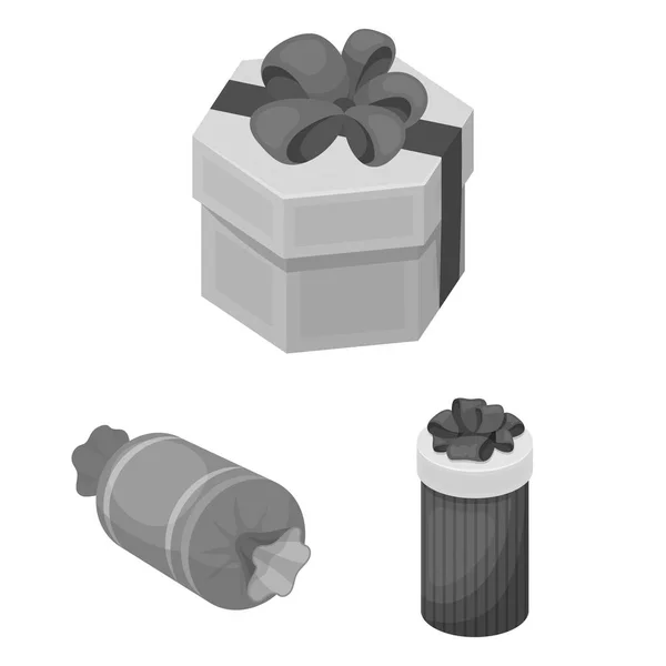 Iconos monocromáticos del regalo y del embalaje en colección del sistema para la ilustración de la tela del vector del embalaje del diseño. . — Vector de stock