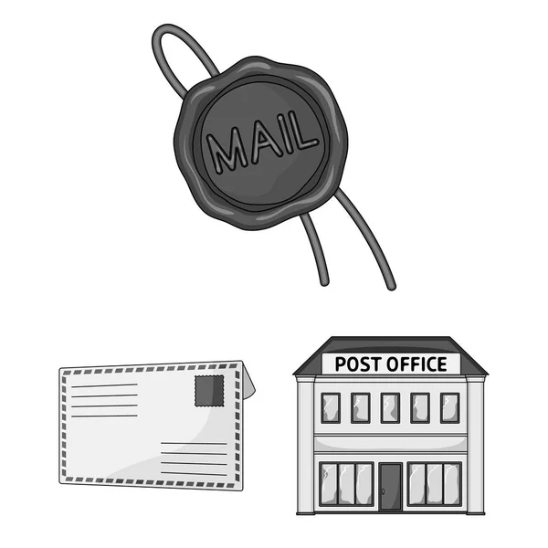 Ícones monocromáticos de correio e carteiro na coleção de conjuntos para design. Ilustração web do símbolo do vetor do correio e do equipamento . — Vetor de Stock