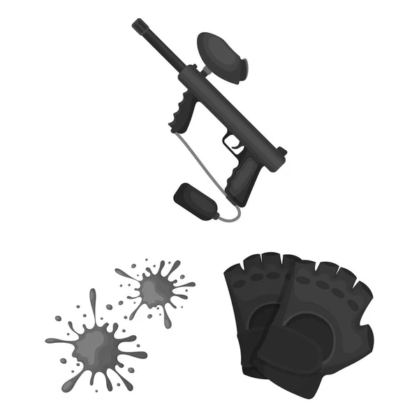 Paintball, team spelet svartvita ikoner i set samling för design. Utrustning och outfit vektor symbol lager web illustration. — Stock vektor
