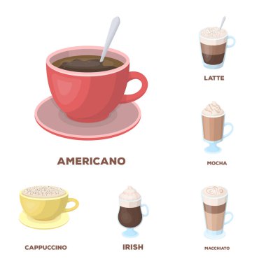 Kahve karikatür simgeleri set koleksiyonu tasarım için farklı türde. Kahve içecek vektör simge stok web çizim.