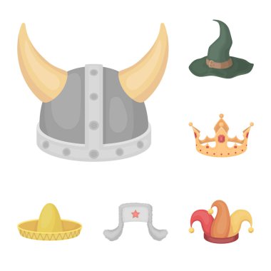 Şapka çeşitleri set koleksiyonu tasarım için simgeleri karikatür. Headdress vektör simge stok web çizimi.