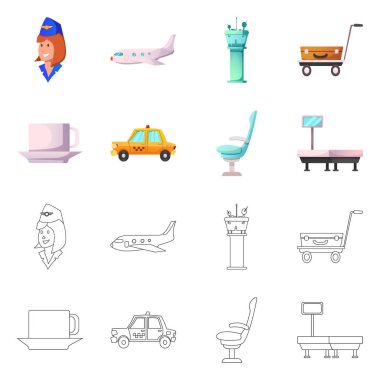 Havaalanı ve uçak simge vektör tasarımı. Hisse senedi için Havaalanı ve uçak vektör simge kümesi.