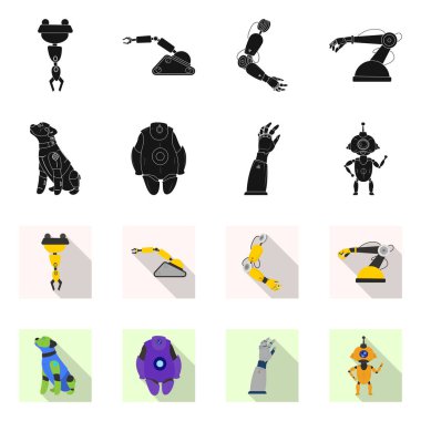 Robot ve fabrika işareti vektör tasarımı. Hisse senedi için robot ve uzay vektör simge kümesi.