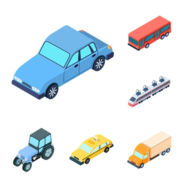 Diferentes tipos de iconos de dibujos animados de transporte en la colección de conjuntos para el diseño. Coche y barco vector isométrico símbolo stock web ilustración . — Archivo Imágenes Vectoriales