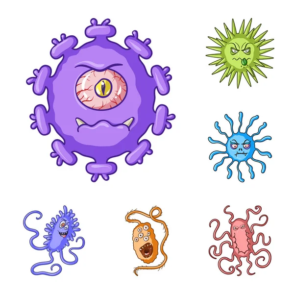 Tipos de iconos de dibujos animados de microbios divertidos en la colección de conjuntos para el diseño. Microbios patógenos vector símbolo stock web ilustración . — Vector de stock