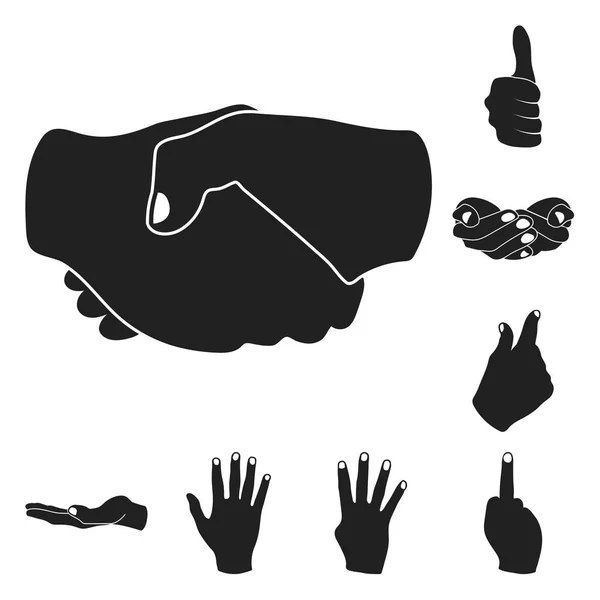 Hand gebaar zwarte pictogrammen in set collectie voor design. Palm en vinger symbool voorraad web vectorillustratie. — Stockvector