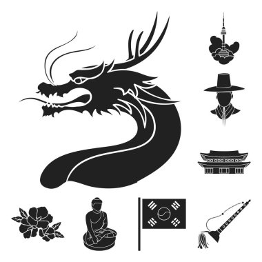 Ülkenin Güney Kore siyah set koleksiyonu tasarım için simgeler. Seyahat ve cazibe simge stok web illüstrasyon vektör.