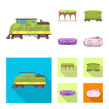 Tren ve İstasyonu simge vektör Illustration. Tren ve bilet hisse senedi vektör çizim seti.
