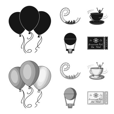 Roller coaster binmek, balon sepet, caruelle Kupası, parkın girişinde bir bilet ile. Eğlence Parkı toplama simgeler siyah, tek renkli stil vektör simge stok çizim web içinde ayarla..