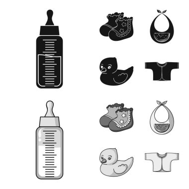 Çorap, önlük, oyuncak ördek, raspashonka. Siyah, tek renkli stil vektör simge stok çizim web bebek d. küme koleksiyon simgeler.