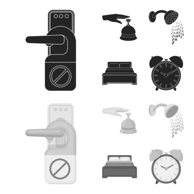 Resepsiyon, çalar saat, yatak, duş, arayın. Otel toplama simgeler siyah, tek renkli stil vektör simge stok çizim web içinde ayarla..