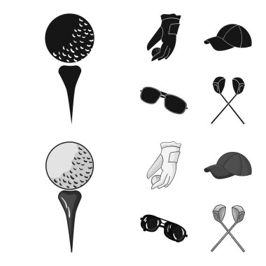 Bir top, kırmızı şapka, güneş gözlüğü, iki kulüp ile golf oynamak için bir eldiven. Golf Club toplama simgeler siyah, tek renkli stil vektör simge stok çizim web içinde ayarla..