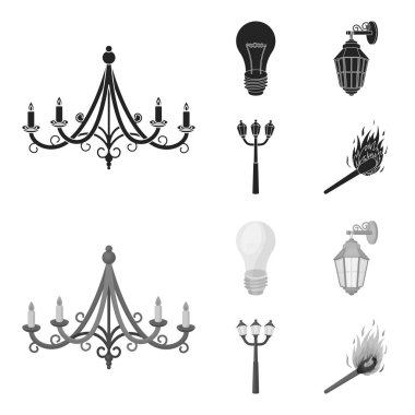 LED ışık, sokak lambası, aynı. Işık kaynağı toplama simgeler siyah, tek renkli stil vektör simge stok çizim web içinde ayarla..