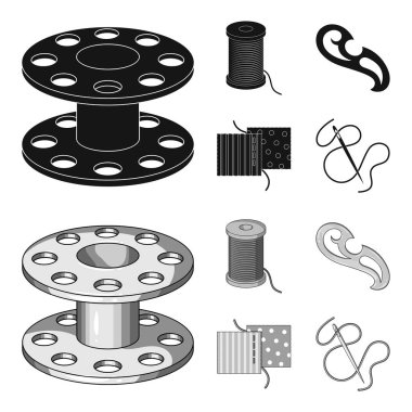Bir makara ile konu, bir iğne, bir curl, kumaş dikiş. Dikiş veya araçları terzilik toplama simgeler siyah, tek renkli stil vektör simge stok çizim web ayarla.