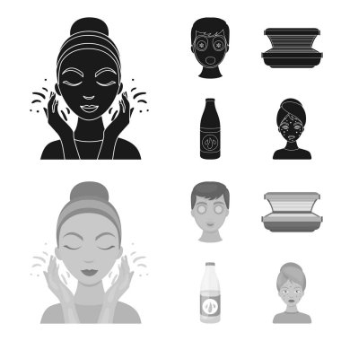 Yüz maskesi, Solaryum, şişe ts lasenom, yüzünde sivilce. Cilt Bakımı toplama simgeler siyah, tek renkli stil vektör simge stok çizim web içinde ayarla..