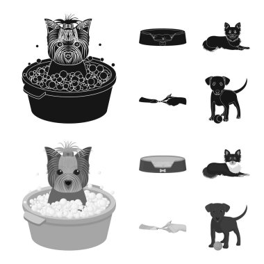 Tembel bir evcil hayvan, pençeleri veteriner Kliniği, kırpma, köpek yalan, bir top ile köpek yavrusu için. Veteriner Kliniği ve evde beslenen hayvan, köpek bakım toplama simgeler siyah, tek renkli stil vektör simge stok çizim web içinde ayarlayın..