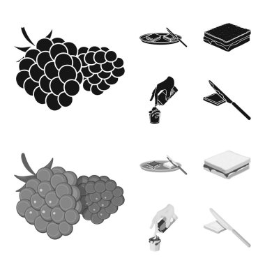 Tatlı krema, bir sandviç ve diğer gıda ile. Yiyecek toplama simgeler siyah, tek renkli stil vektör simge stok çizim web içinde ayarla..