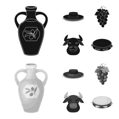 Todeador, matador, bir avuç üzüm ile yumruk, bir boğa için İspanyol boğa güreşi, bir tef şapka. İspanya ülke toplama simgeler siyah, tek renkli bir tarzda vektör simge stok ayarla