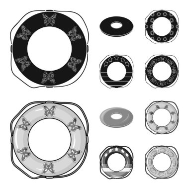 Yüzme necklac set koleksiyonu tasarım için siyah, tek renkli simgeler daire içine alın. Farklı lifebuoys sembol stok web illüstrasyon vektör.