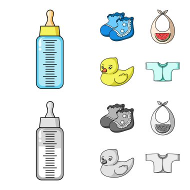 Çorap, önlük, Oyuncak ördek, raspashonka. Çizgi film, tek renkli stil vektör simge stok çizim web içinde doğan bebek set simgeler.