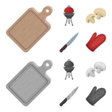Barbekü ızgara, petrol, bıçak, Barbekü mitten. Barbekü koleksiyonu Icons set çizgi film, tek renkli stil vektör simge stok illüstrasyon, web