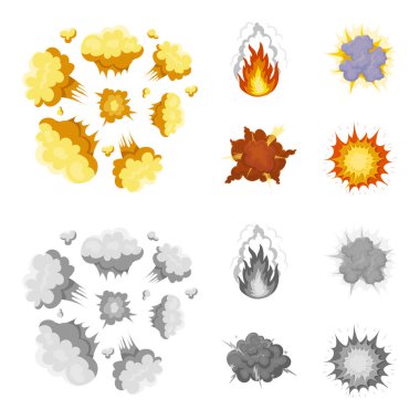 Alevi, kıvılcım, hidrojen parçaları, atomik ya da gaz patlaması, fırtına, güneş patlaması. Patlamalar toplama simgeler çizgi film, tek renkli stil vektör simge stok çizim web ayarla..