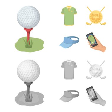 Golf club, güneşlik, golfçü gömlek, telefon bir navigator ile kap arması. Golf Kulübü çizgi film, tek renkli stil vektör simge stok çizim web simgeler ayarla.