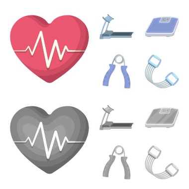 Koşu bandı, ölçekler, expander ve ekipman eğitim için diğer. Spor ve egzersiz çizgi film, tek renkli stil vektör simge stok çizim web simgeler ayarla.